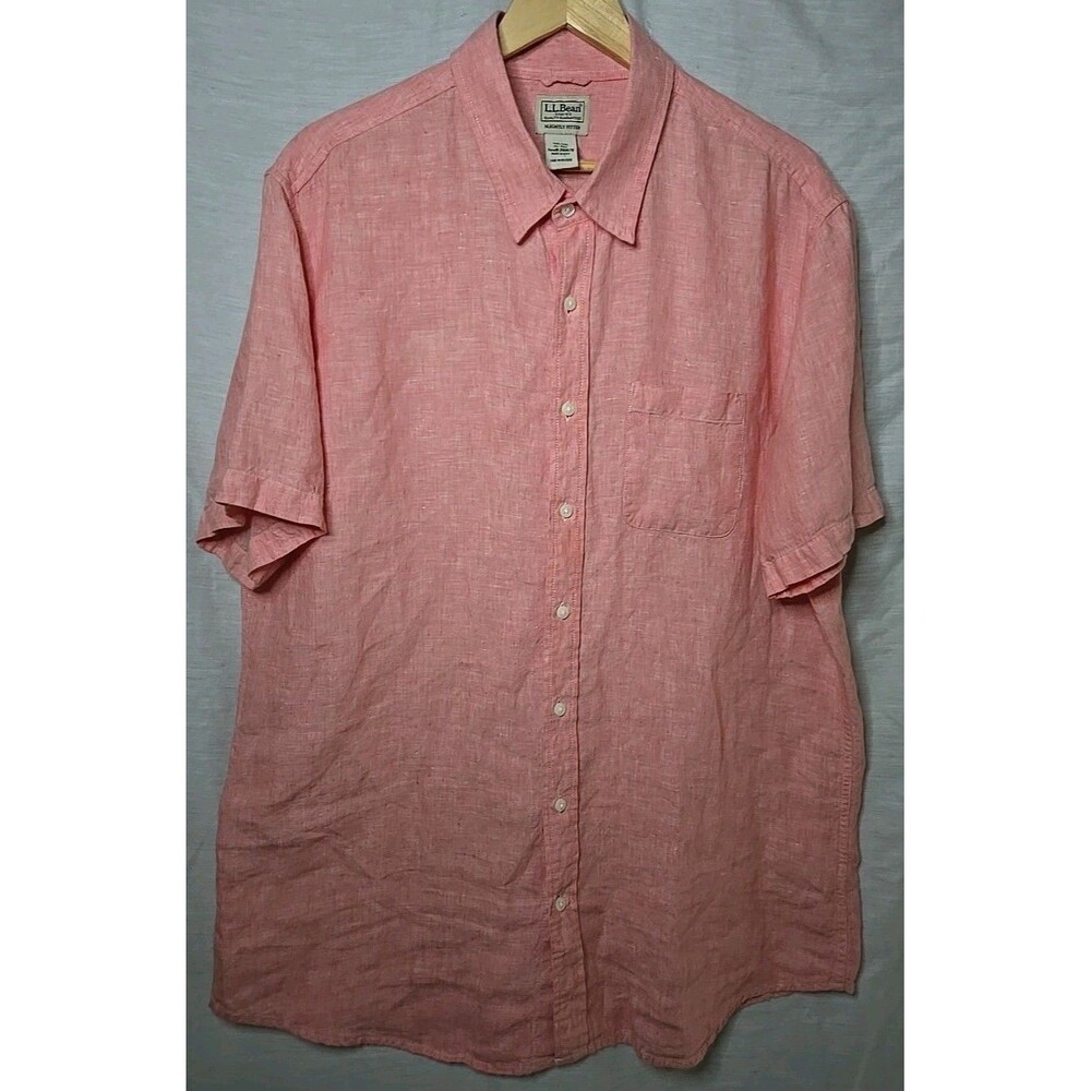 LL Bean Slightly Fitted Short Sleeve Button Shirt, Sz XL Tall, 100% Linen, Pink